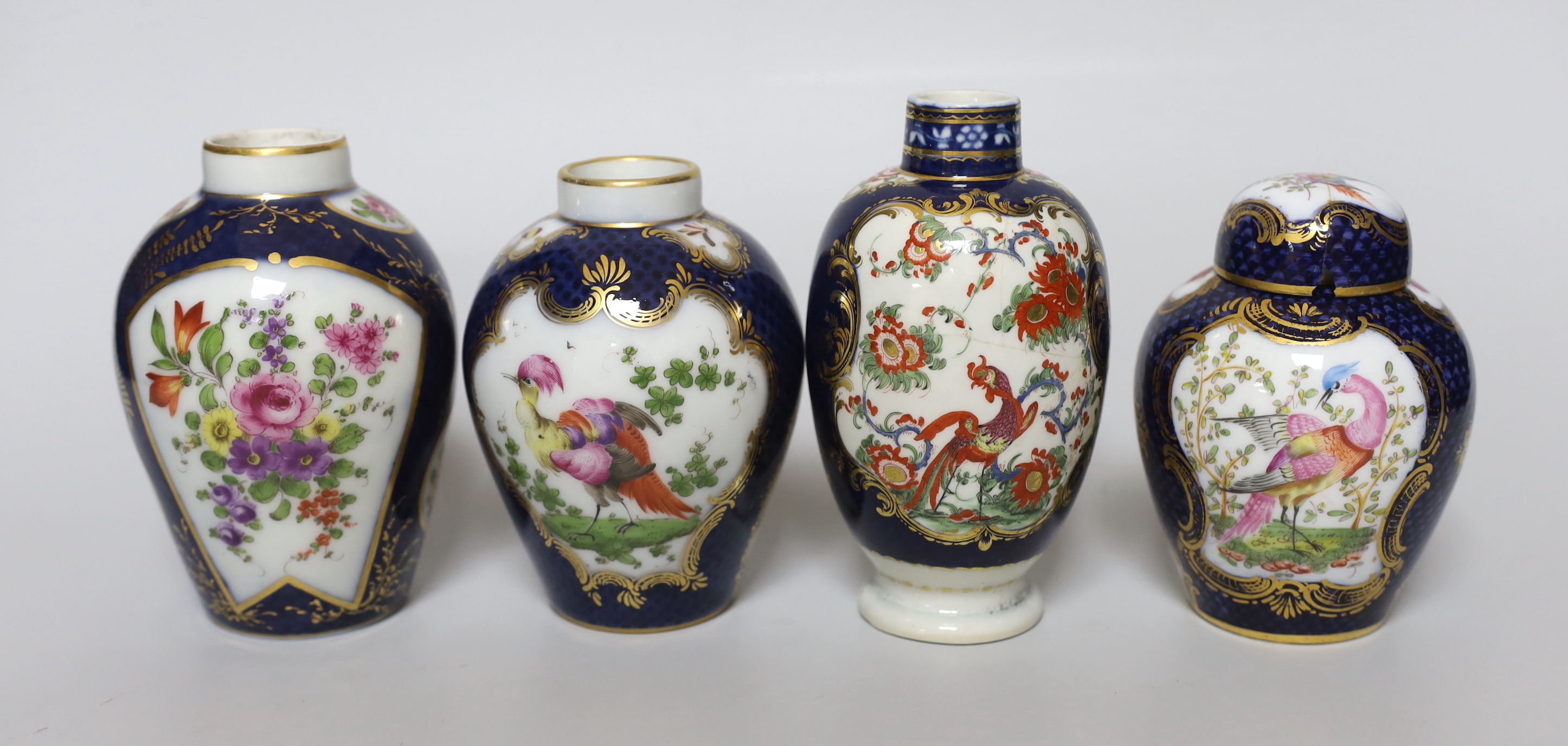 A group of Paris porcelain tea canisters in imitation of Worcester and Sevres, tallest 13.5cm, together with a Worcester Kakiemon pattern scale blue tea canister a/f
